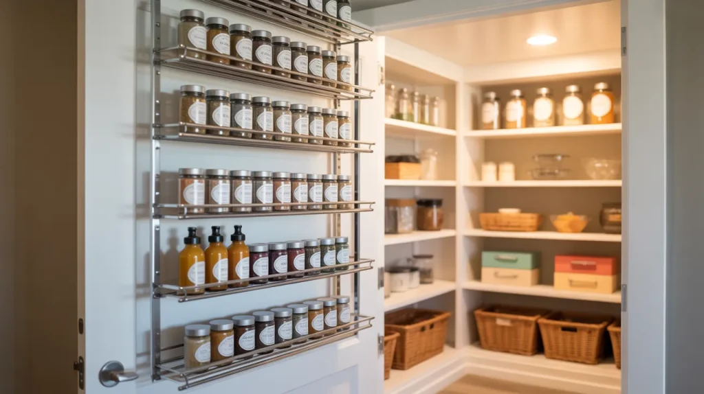 A modern walk-in pantry door fitted with multi-tier metal storage racks holding neatly organised spice jars, sauce bottles, and condiments