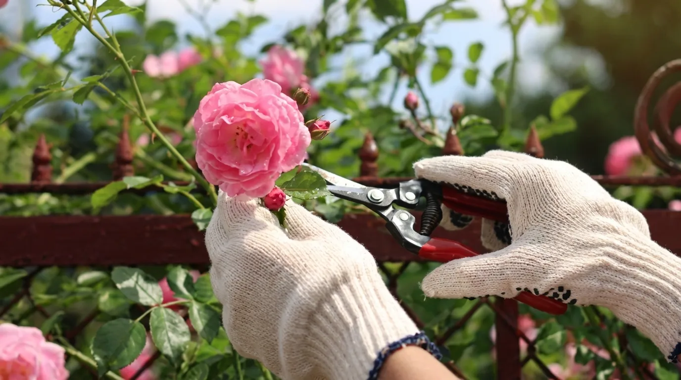 A pair of gloved hands using bypass pruners to trim a blooming pink rose, with a lush background of pink roses, green foliage, and a garden fence softly blurred behind.