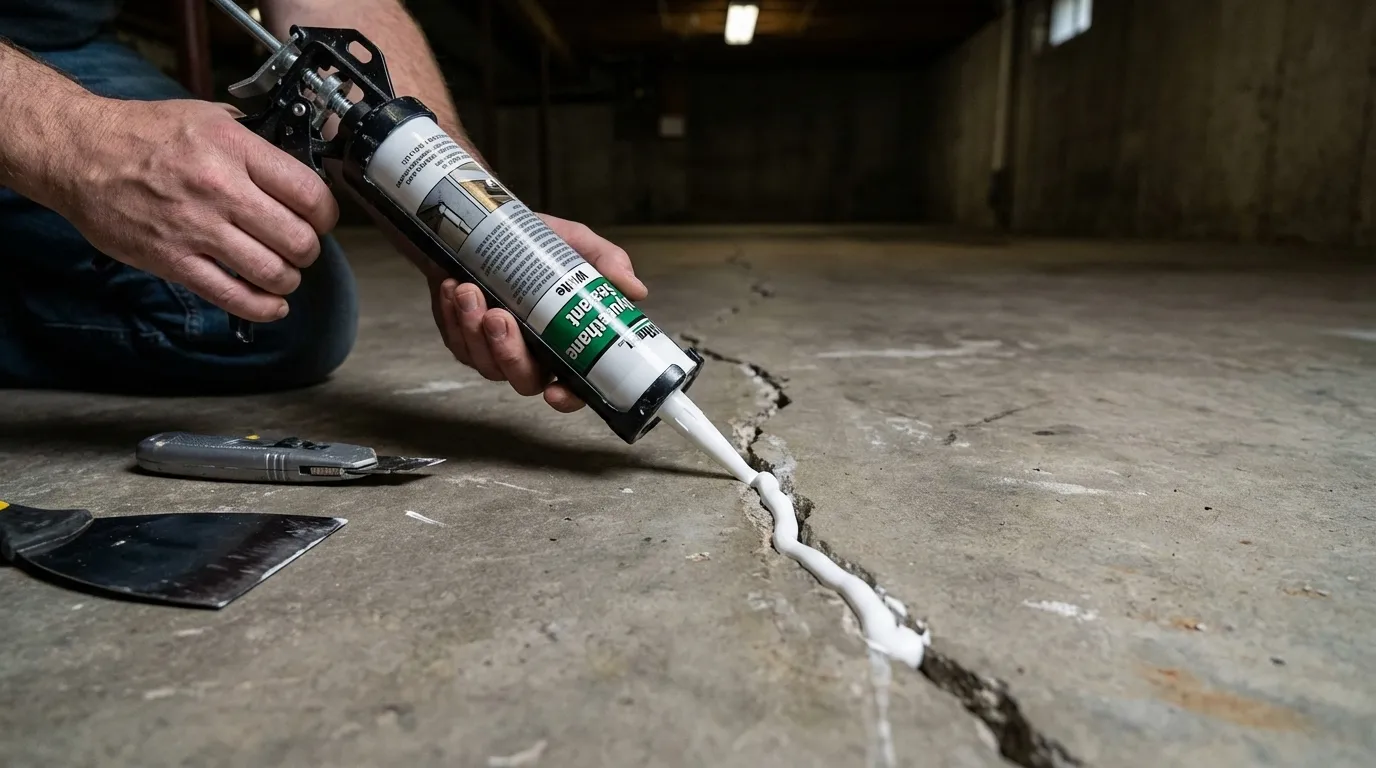 A person applying polyurethane sealant into a concrete basement floor crack using an injection kit