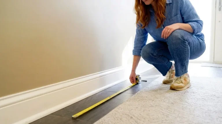 A person measuring the length of a wall at floor level with a steel tape measure to get accurate room dimensions for furniture placement.