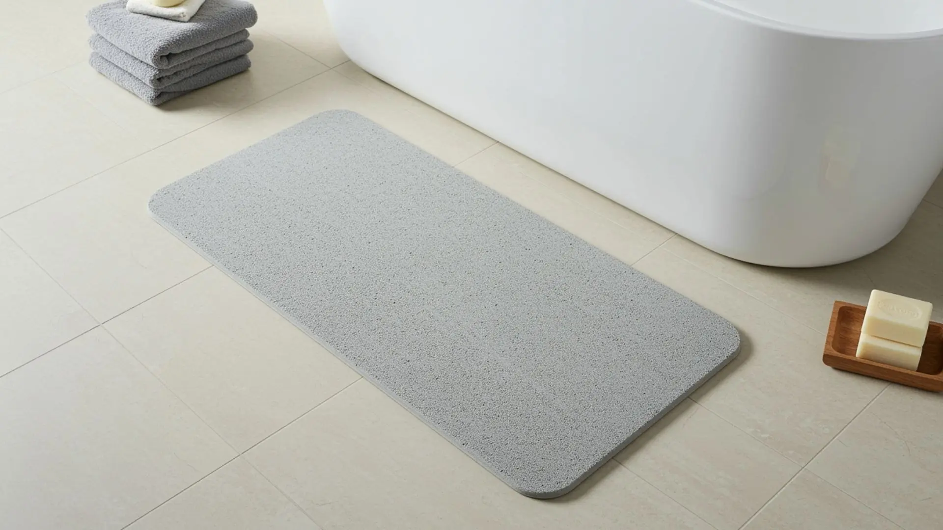 A rectangular grey stone bath mat sits on a white tiled floor next to a bathtub in a bright bathroom.