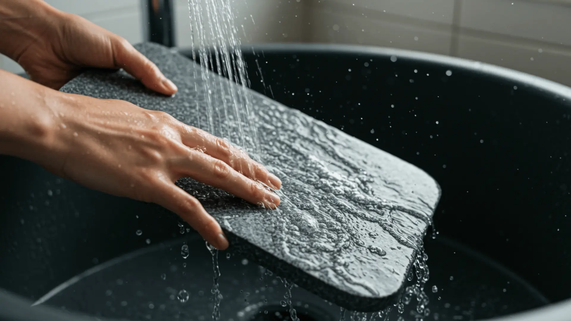 A soft brush, a sponge, a piece of sandpaper, and a folded microfiber cloth arranged on a white surface
