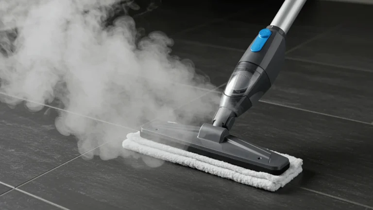 A steam mop head emitting a light cloud of white water vapor onto a tile floor.