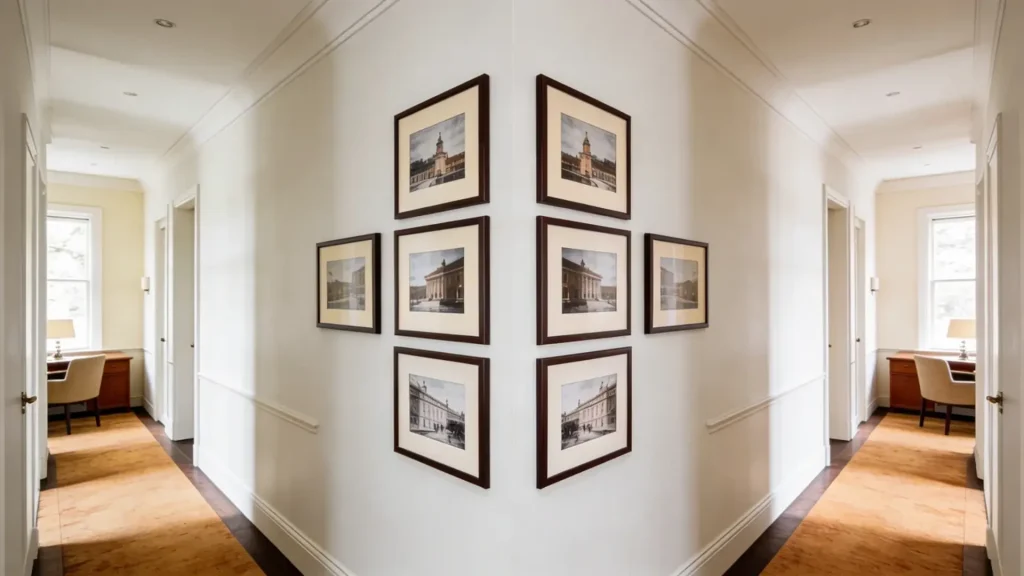 A structured gallery wall in a hallway with evenly spaced black frames containing black-and-white photography, showcasing organized wall decor