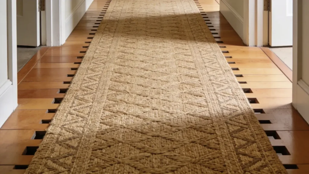 A textured neutral runner rug placed in the center of a wooden hallway floor, providing a clear walking path and adding warmth to the decor