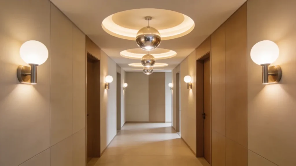 A well-lit hallway featuring a combination of modern recessed ceiling lights and decorative wall sconces, creating a bright and airy environment