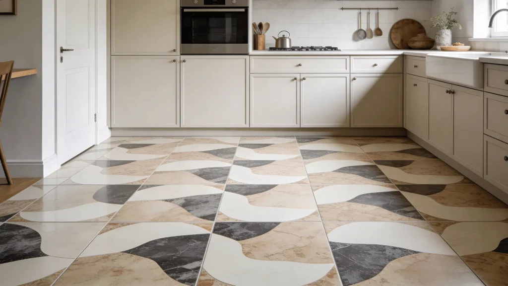 Abstract patterned tiles with irregular designs on a kitchen floor in a simple kitchen setting