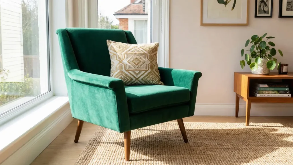 Accent Chair stylish accent chair in a bold color placed in a bright living room with natural light