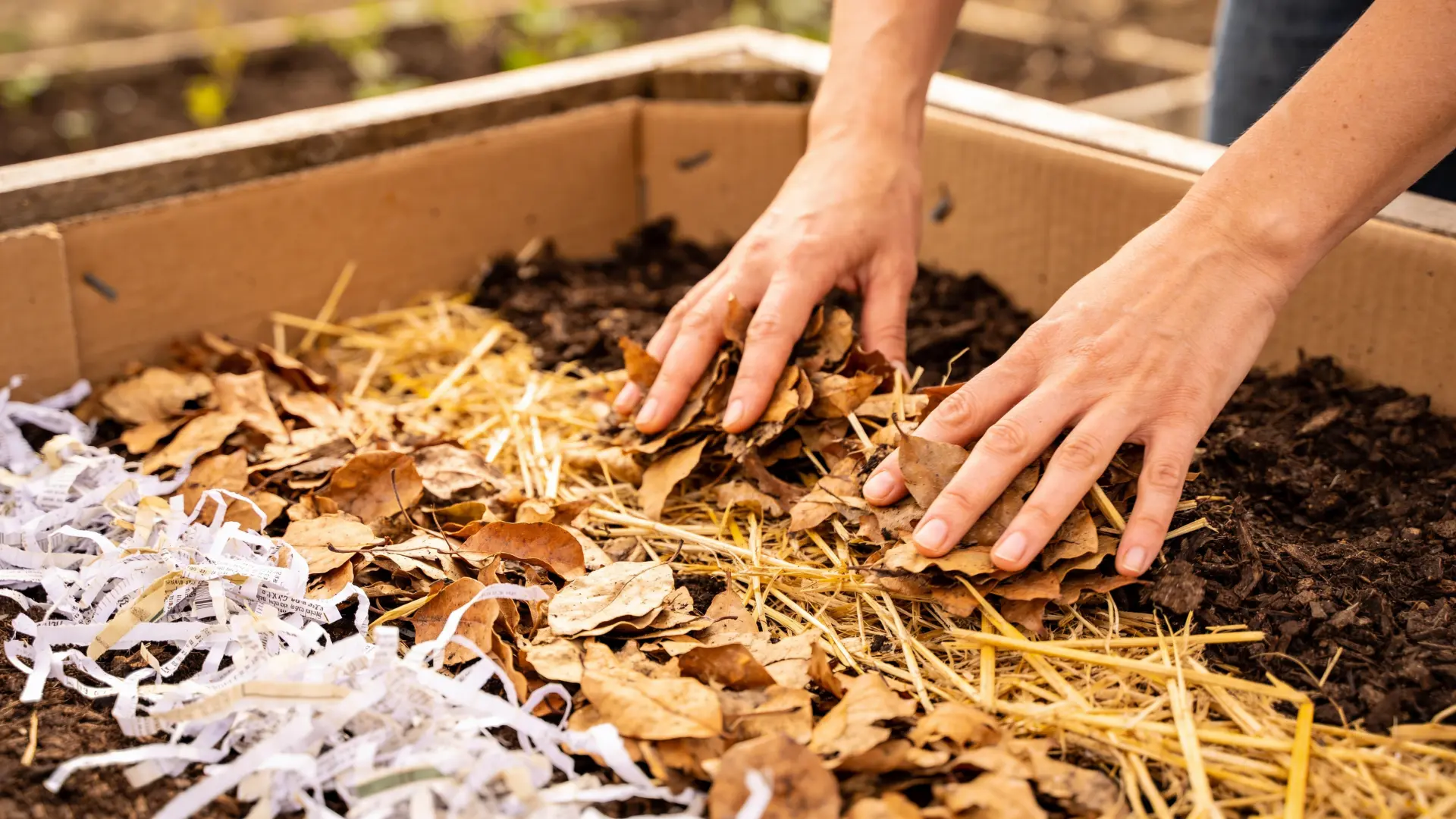 Adding carbon rich materials like dry leaves and straw to a lasagna garden bed