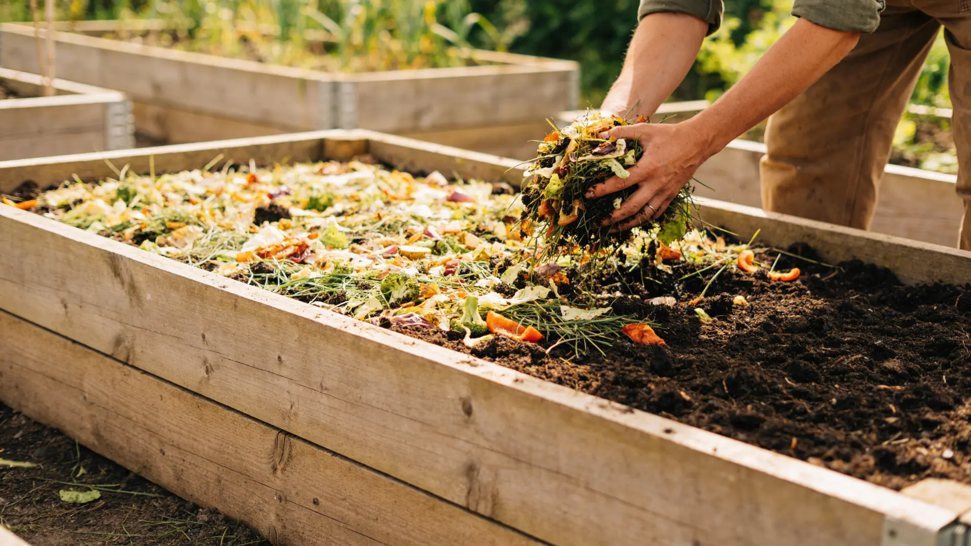 Adding nitrogen-rich materials such as grass clippings and compost to a lasagna garden