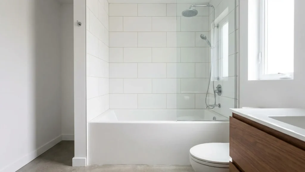 Alcove bathtub installed between three walls with a shower in a compact bathroom layout
