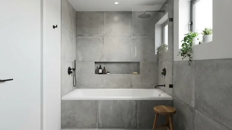 Alcove bathtub installed between three walls with shower in a compact modern bathroom