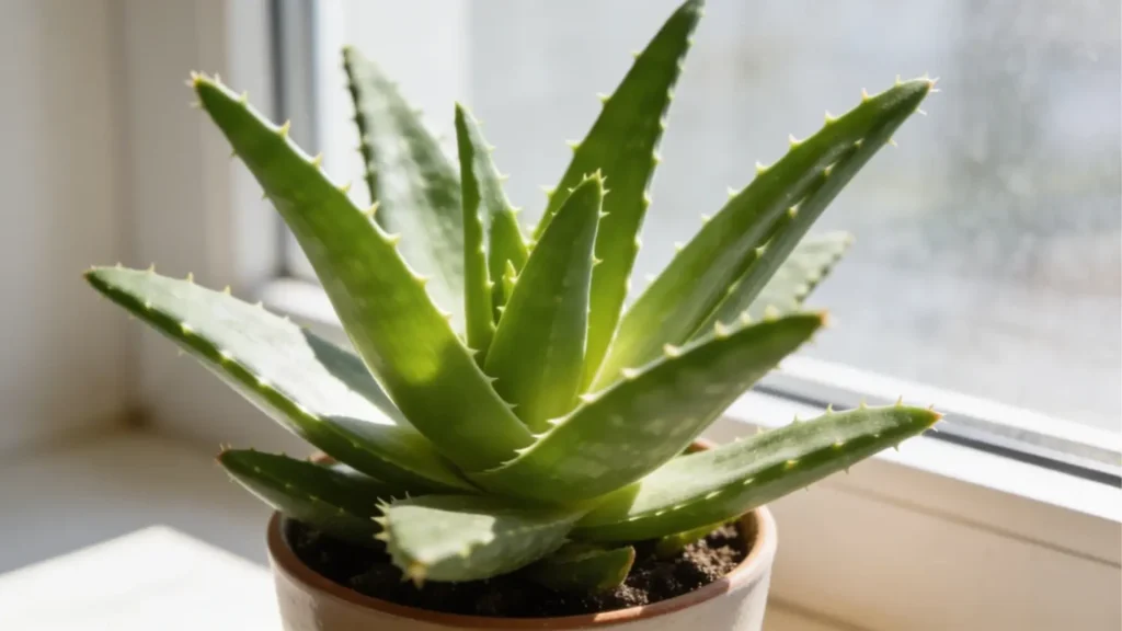 Aloe vera plant with thick green leaves placed indoors in bright light