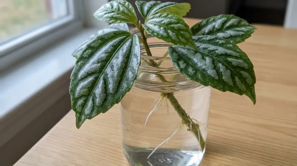 Aluminum plant cutting with silver patterned leaves growing in water
