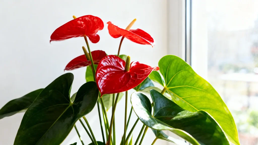 Anthurium plant with red flowers and glossy leaves placed indoors