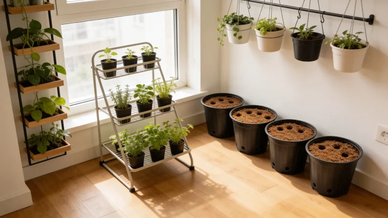 Apartment gardening setup with indoor plants near a sunny window