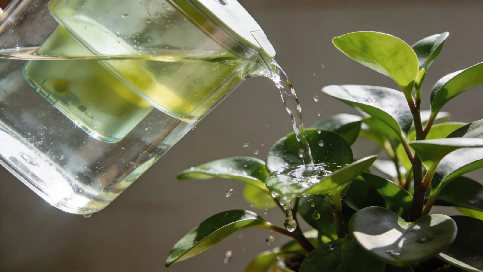 Aquarium water being poured into a potted plant