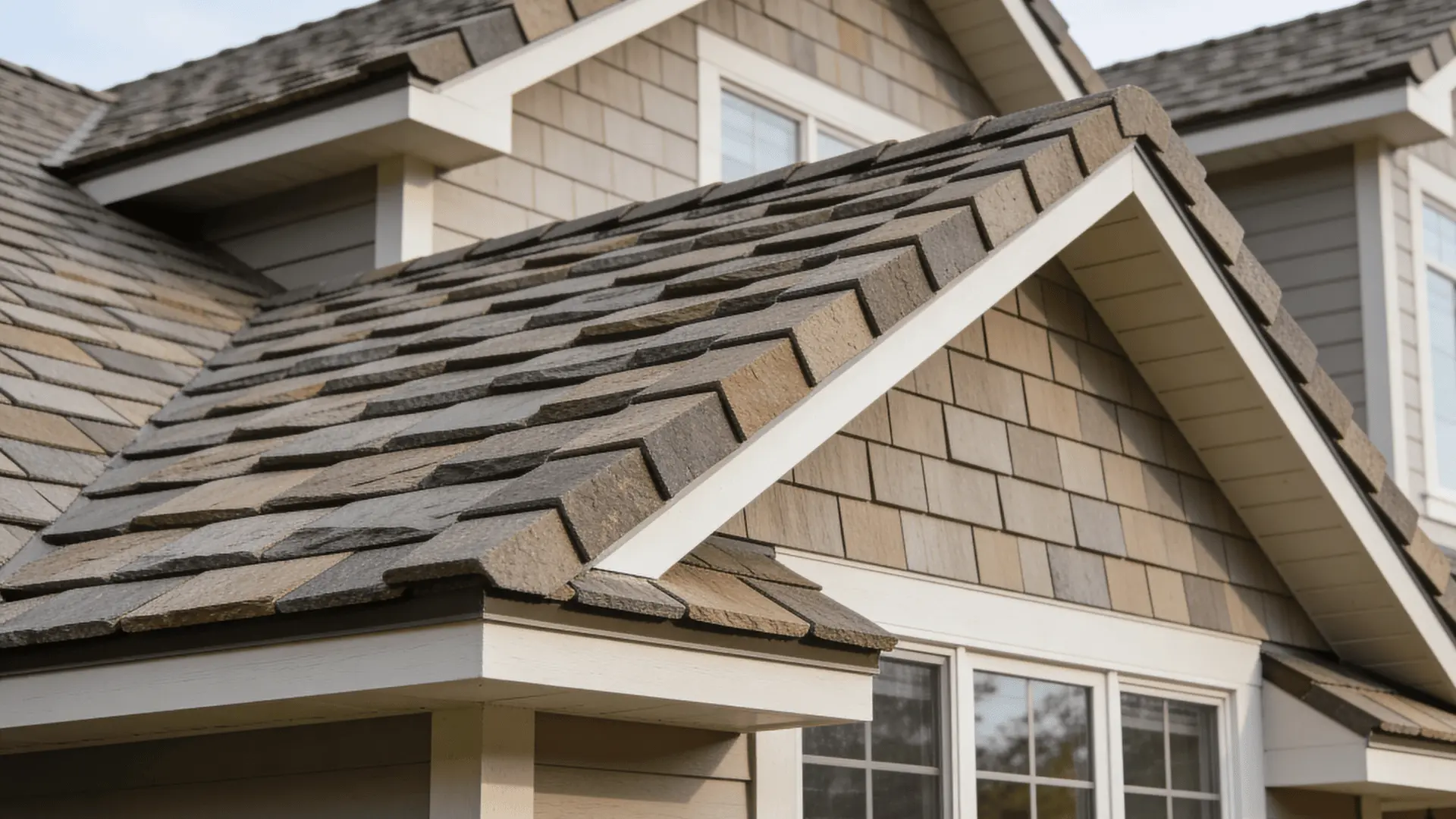 Architectural shingles on a roof showing thicker layered design and dimensional texture
