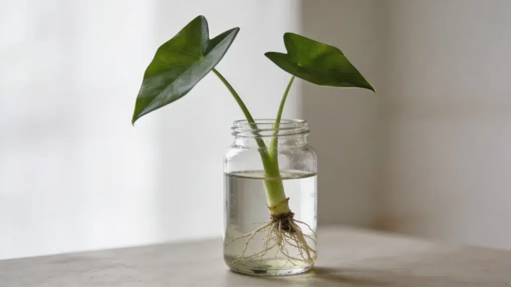 Arrowhead plant cutting growing roots in water in a glass jar