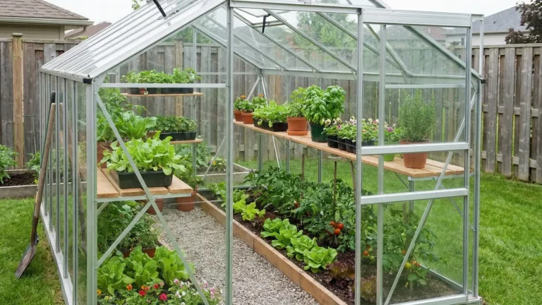 Backyard greenhouse with plants growing on shelves and beds inside a transparent structure