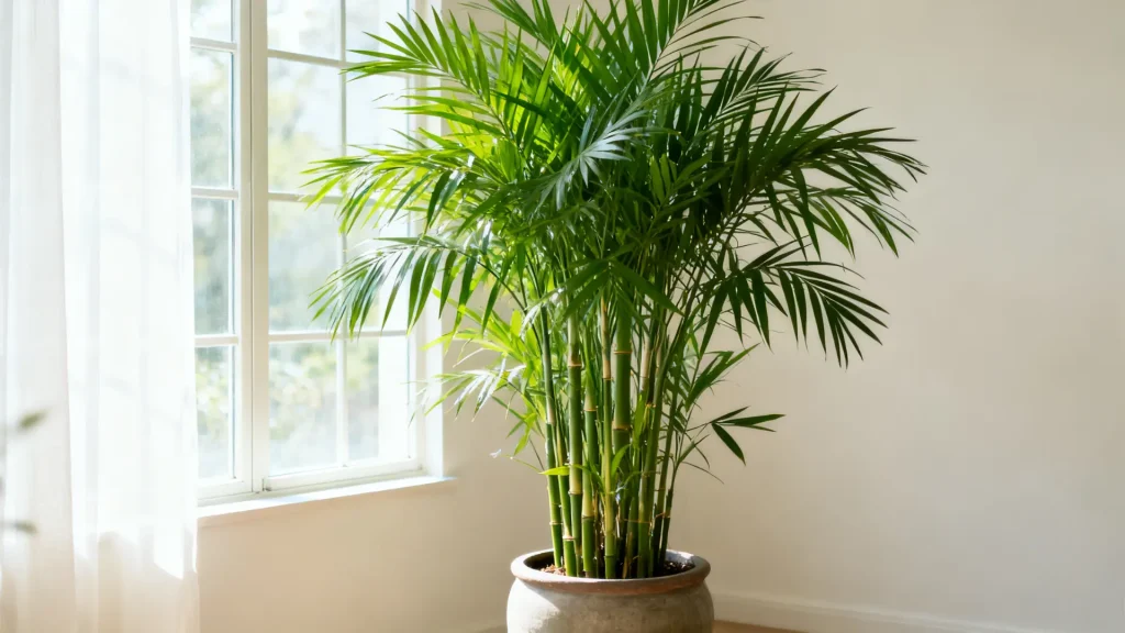 Bamboo palm with tall stems and feathery leaves placed indoors in bright light