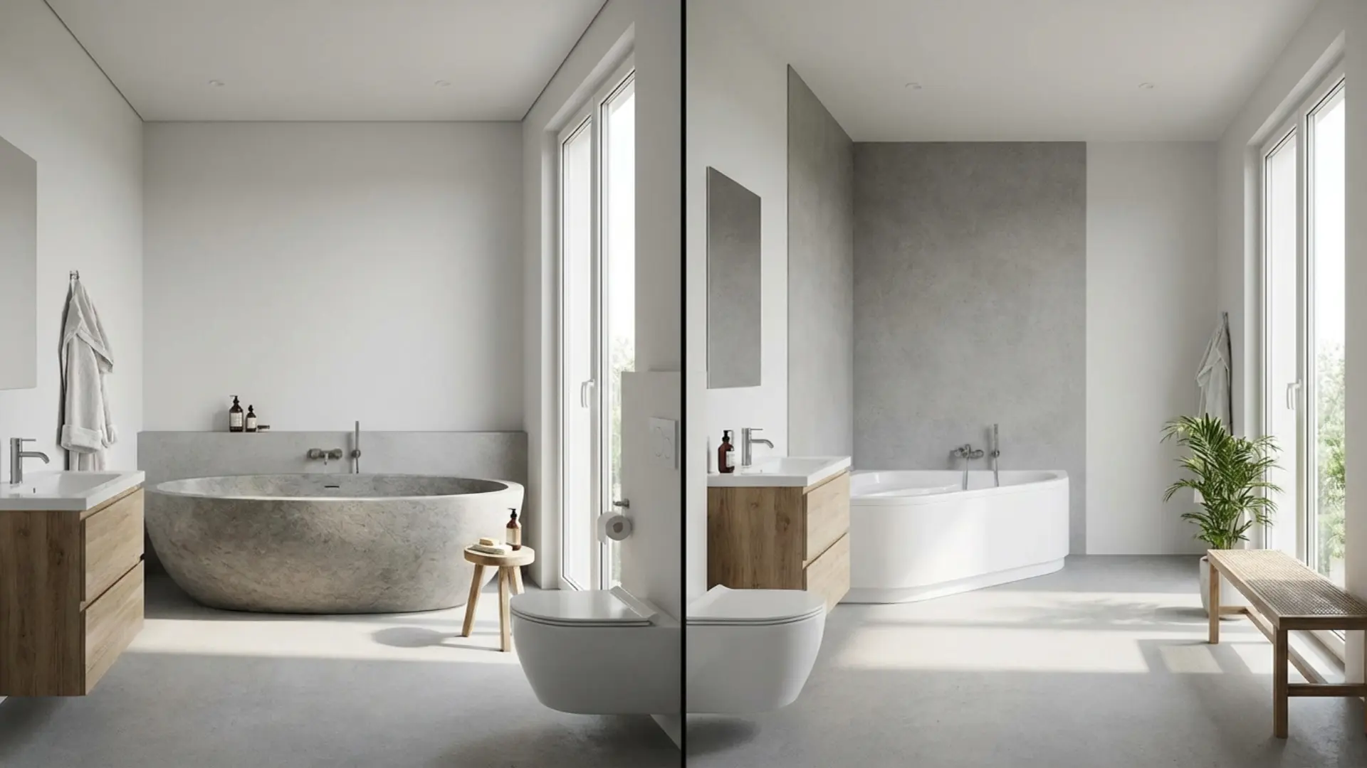 Bathroom layout showing different bathtub sizes affecting space, movement, and overall room balance