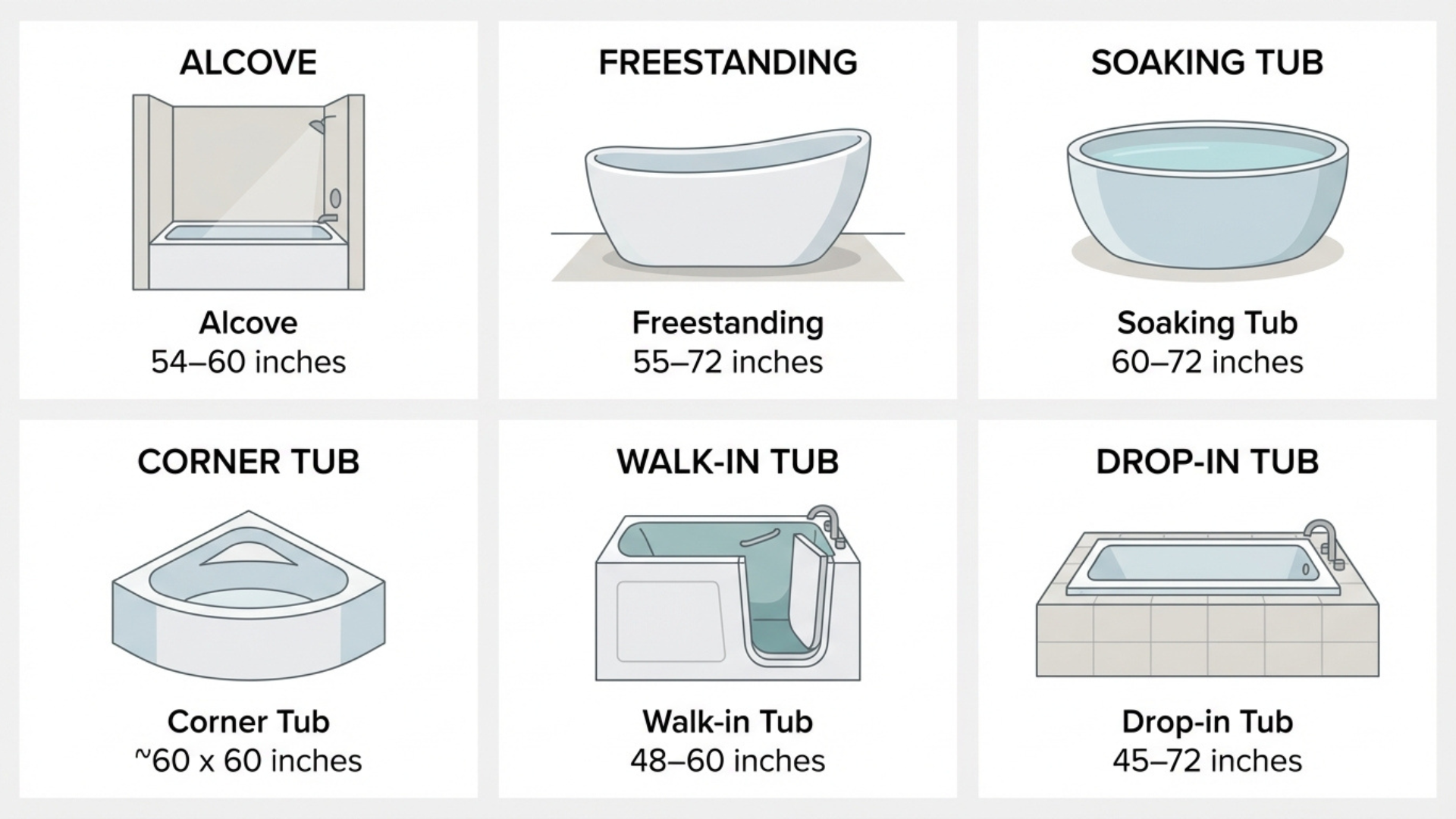 Bathtub sizes by type infographic showing alcove, freestanding, soaking, corner, walk-in, and drop-in tub dimensions and uses
