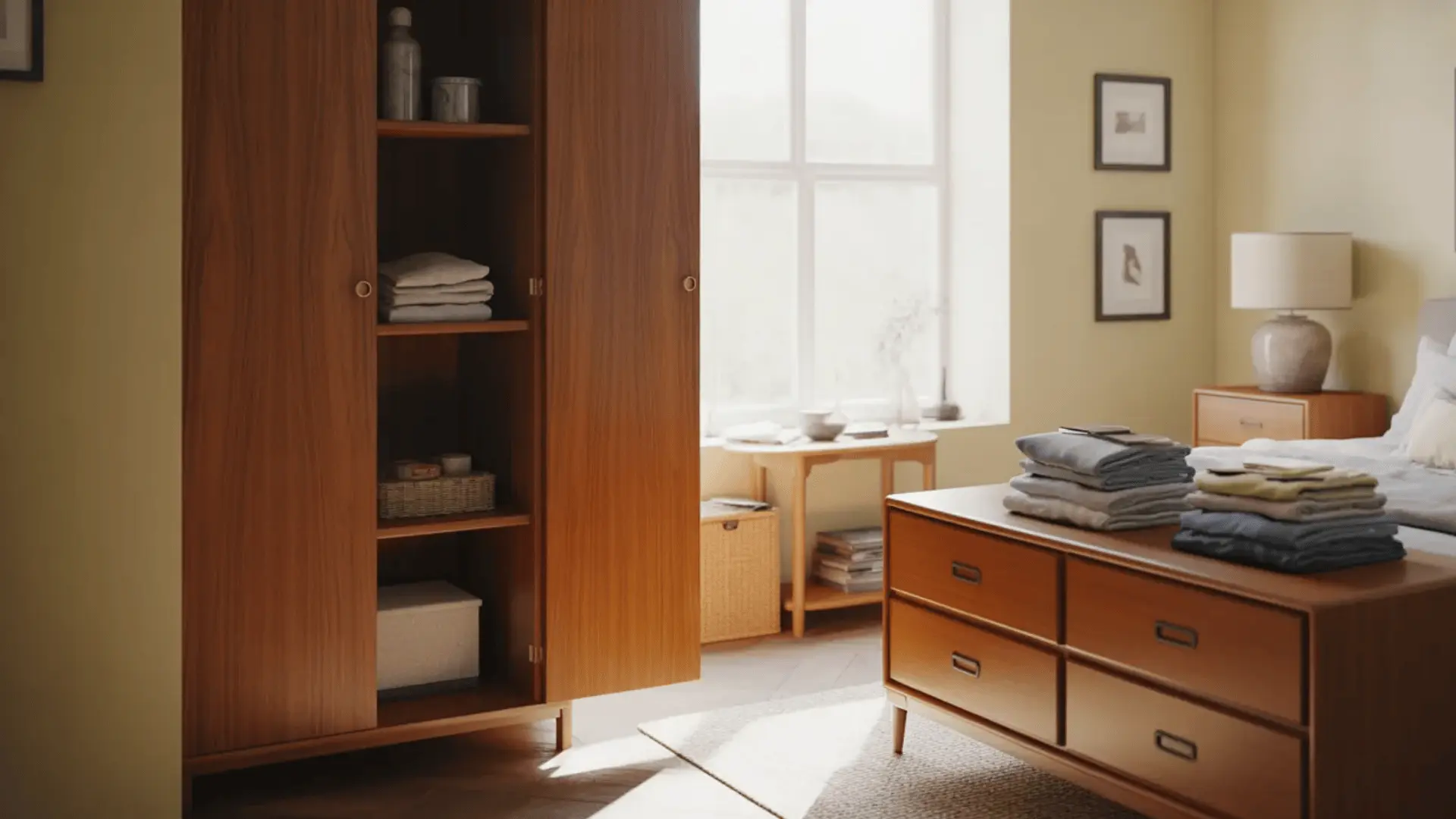 Bedroom with a dresser beside a bed and a tall cabinet placed against another wall.