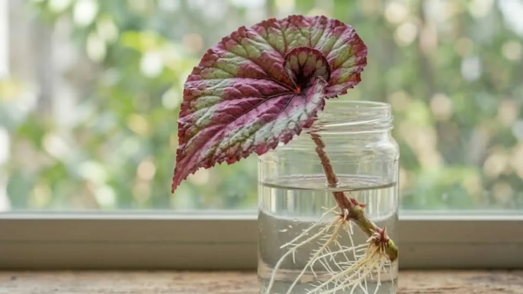 Begonia cutting rooting in water inside a small glass container