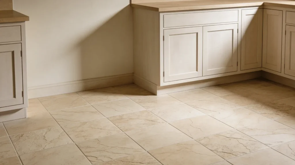 Beige stone-look tiles on a kitchen floor with light cabinets and neutral design