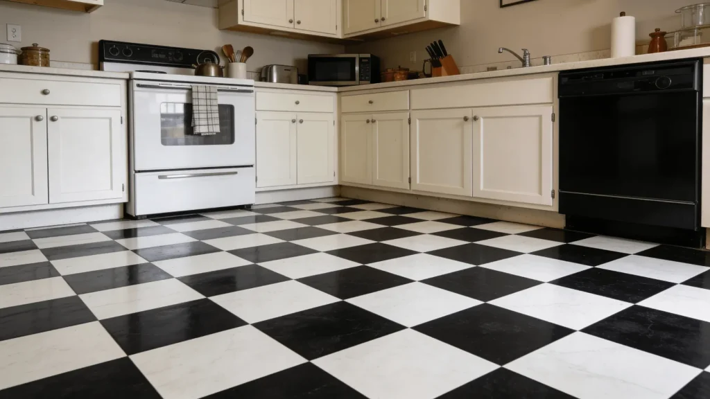 Black and white checkerboard tile floor in a kitchen with neutral cabinets and simple layout