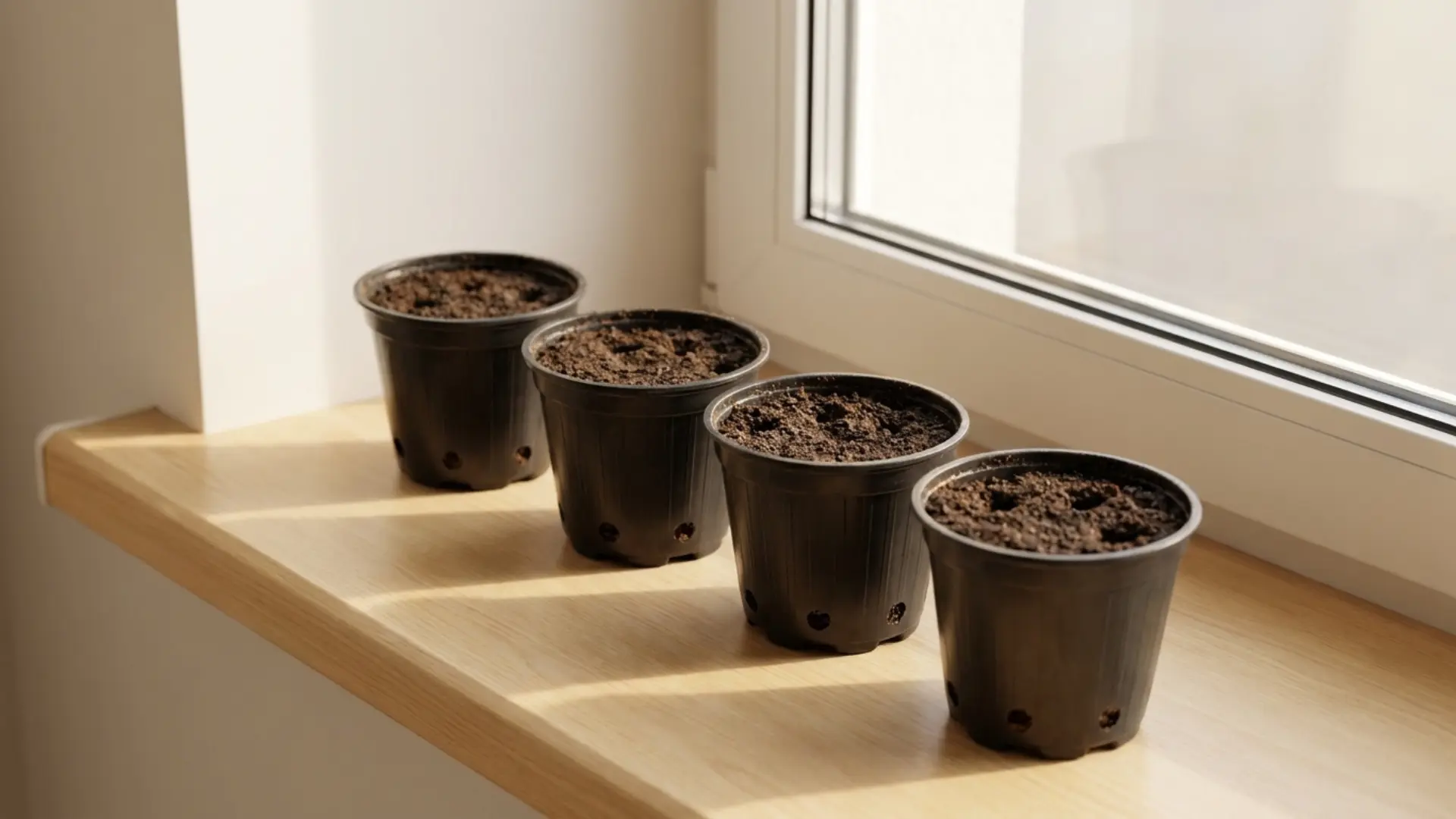 Black nursery pots with soil placed on a bright windowsill showing a well-lit indoor planting setup for apartment gardening