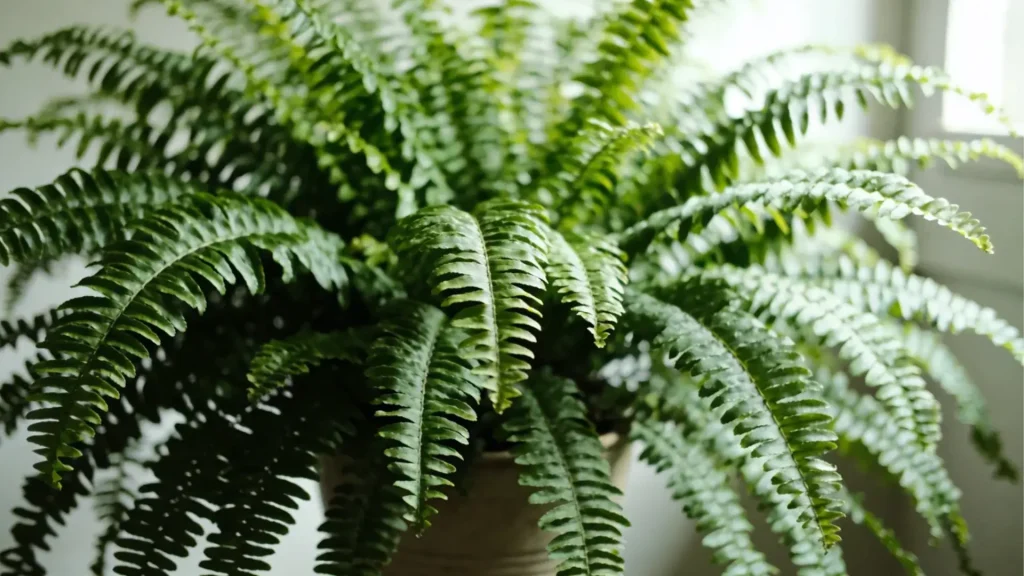 Boston fern with dense green fronds placed indoors in indirect light