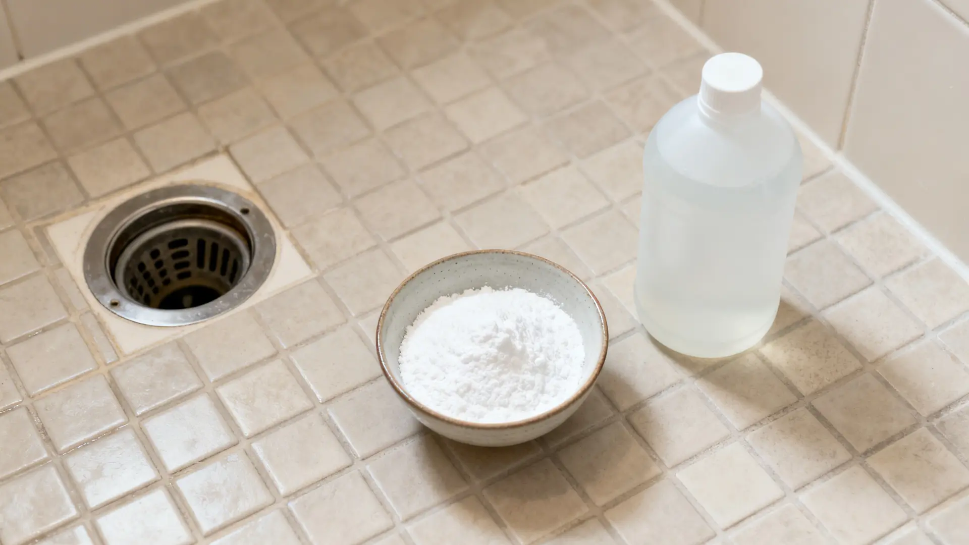 Bowl of baking soda and a white vinegar bottle placed on a tiled shower floor beside an open drain.