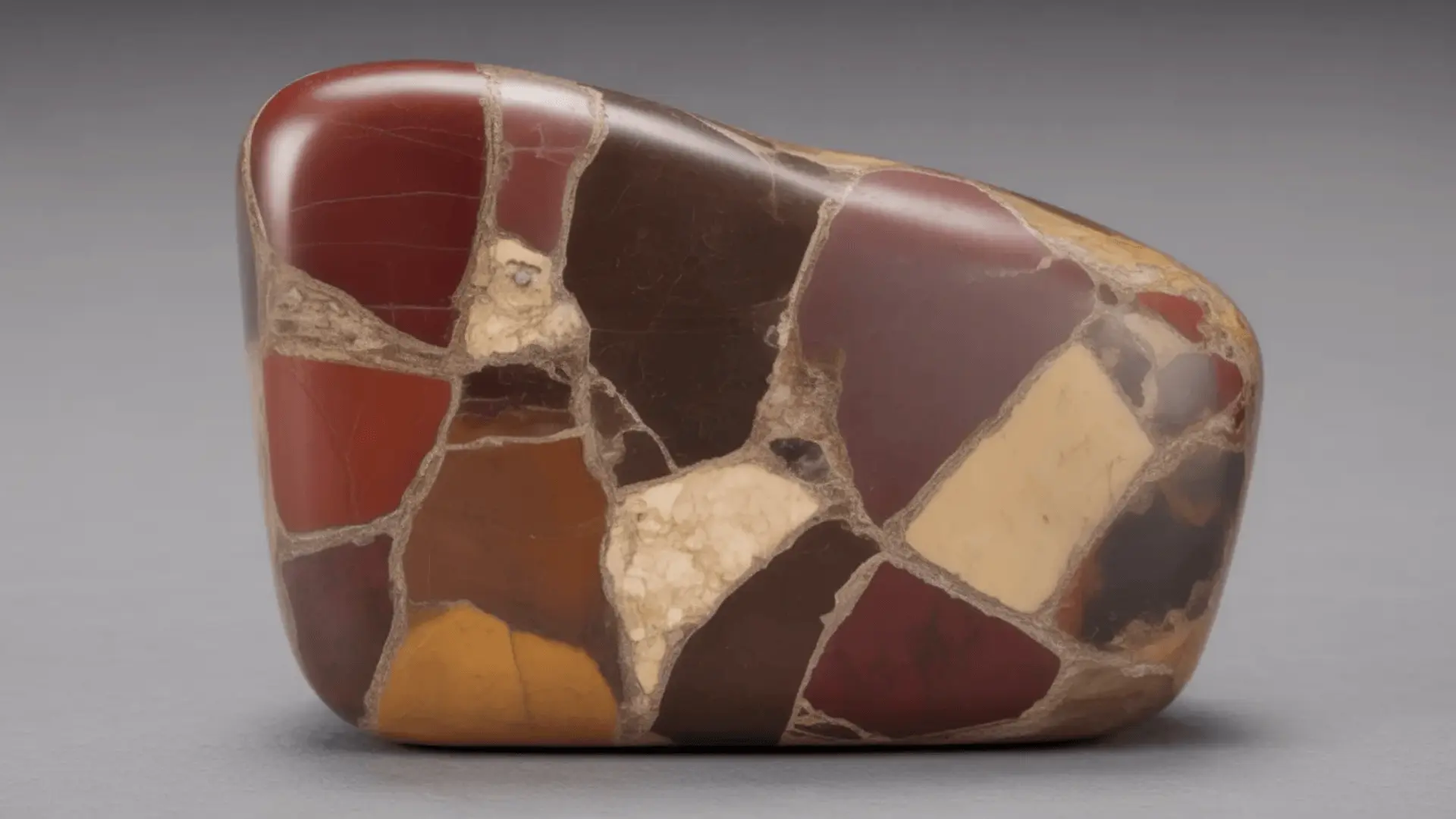 Brecciated jasper with red, brown, and cream fragments forming irregular patchy patterns on a neutral background