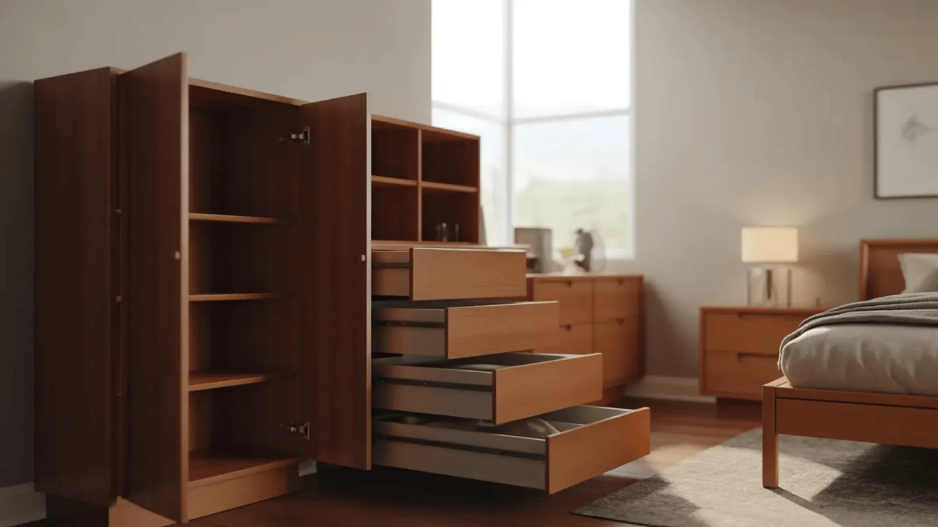 Cabinet with shelves and dresser with open drawers placed in a furnished bedroom.