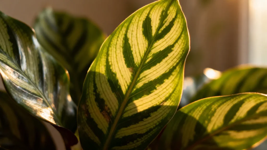 Calathea plant with patterned leaves growing indoors in soft light