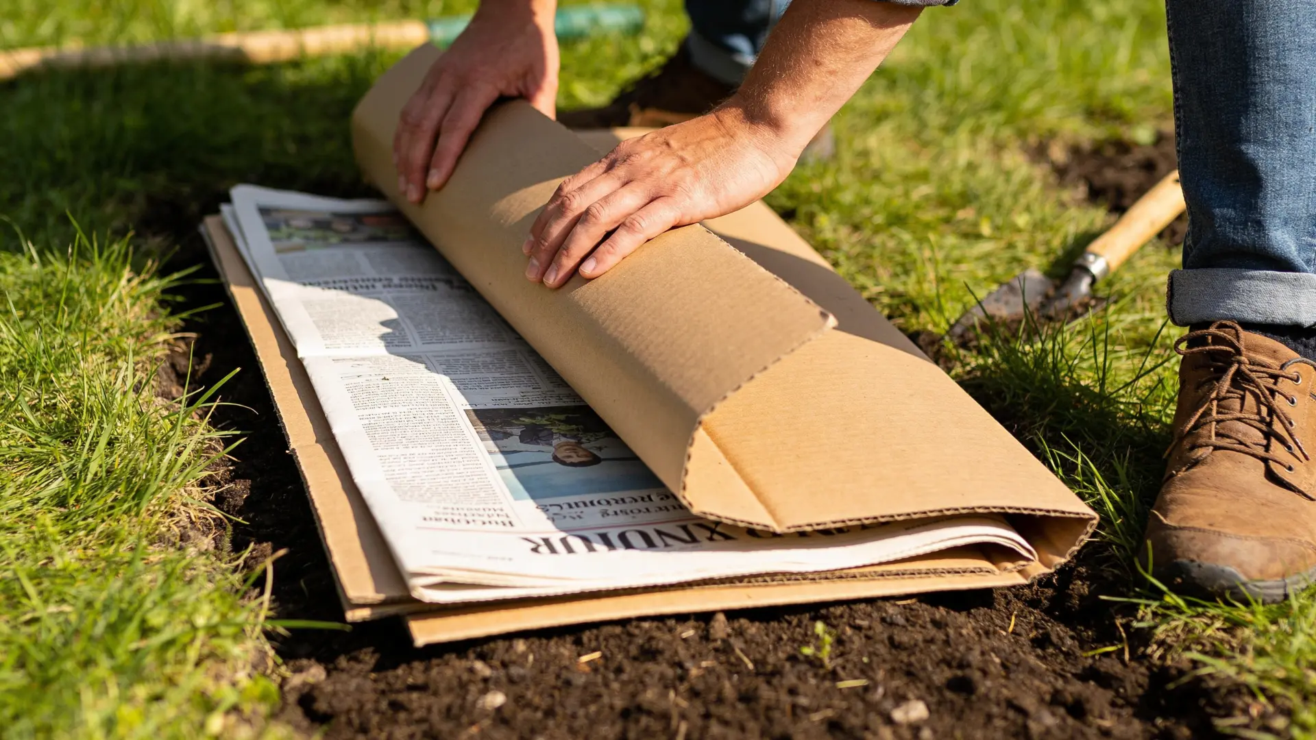 Cardboard base layer placed on the ground to block weeds in a lasagna garden