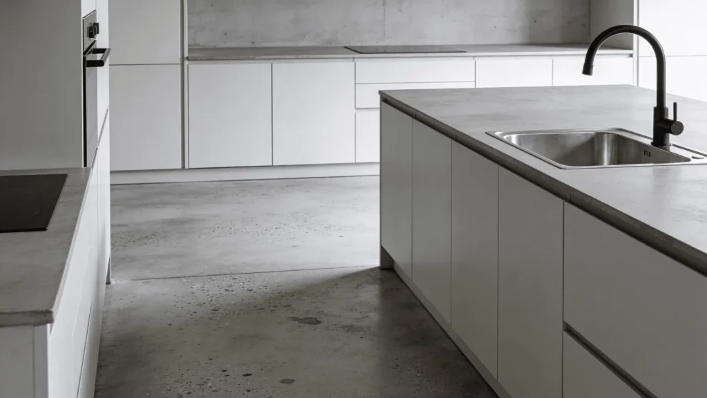 Cement-look flooring in a kitchen with metal fixtures and minimal cabinets