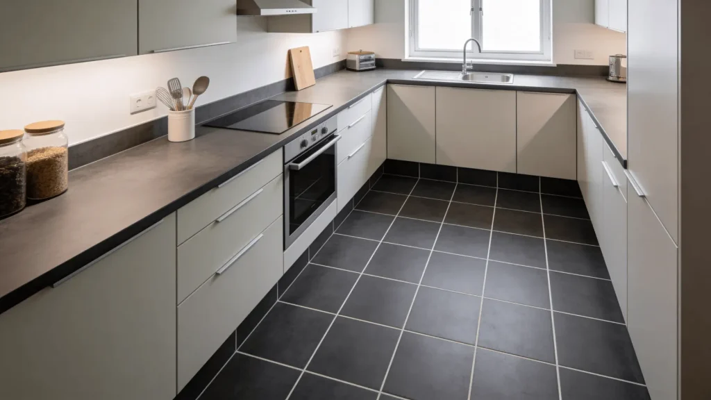 Charcoal grey tiles with thin grout lines on a kitchen floor paired with light cabinets