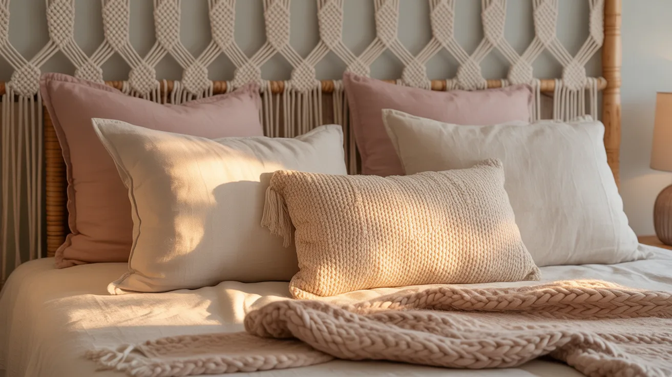 Chill aesthetic bed with layered pillows, chunky throw, and macramé headboard.