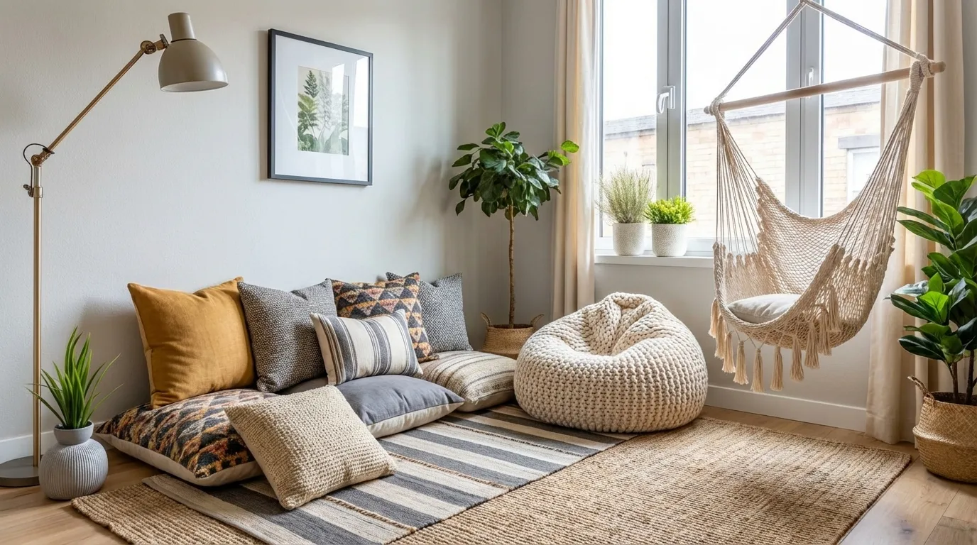 Chill aesthetic lounge floor area with floor cushions, bean bag, layered rugs, and a cozy hammock chair in a relaxed bedroom corner.
