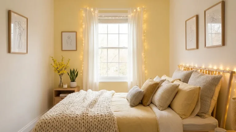 Chill aesthetic room with warm lighting, layered bedding, fairy lights, indoor plant, and simple wall art creating a cozy and relaxing bedroom vibe.