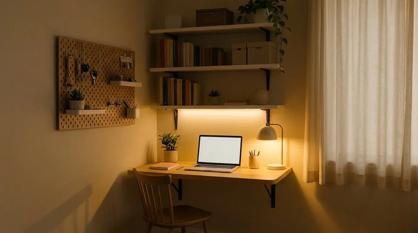 Chill aesthetic study corner with a warm desk lamp, small indoor plant, ambient monitor lighting, and a pegboard wall organiser.