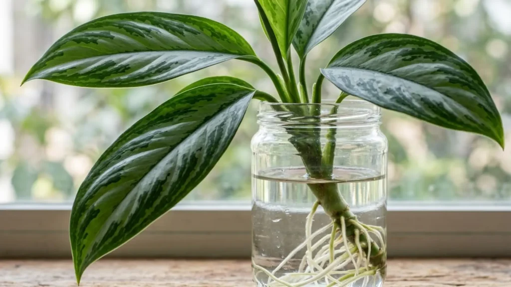 Chinese evergreen cutting growing roots in water inside a glass jar