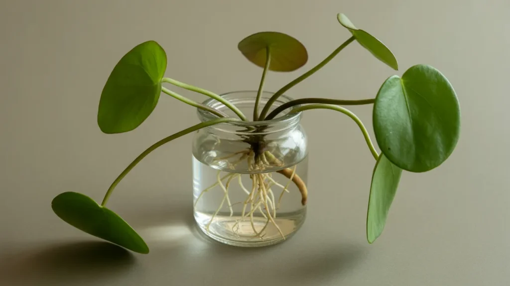 Chinese money plant cutting with round leaves growing in water