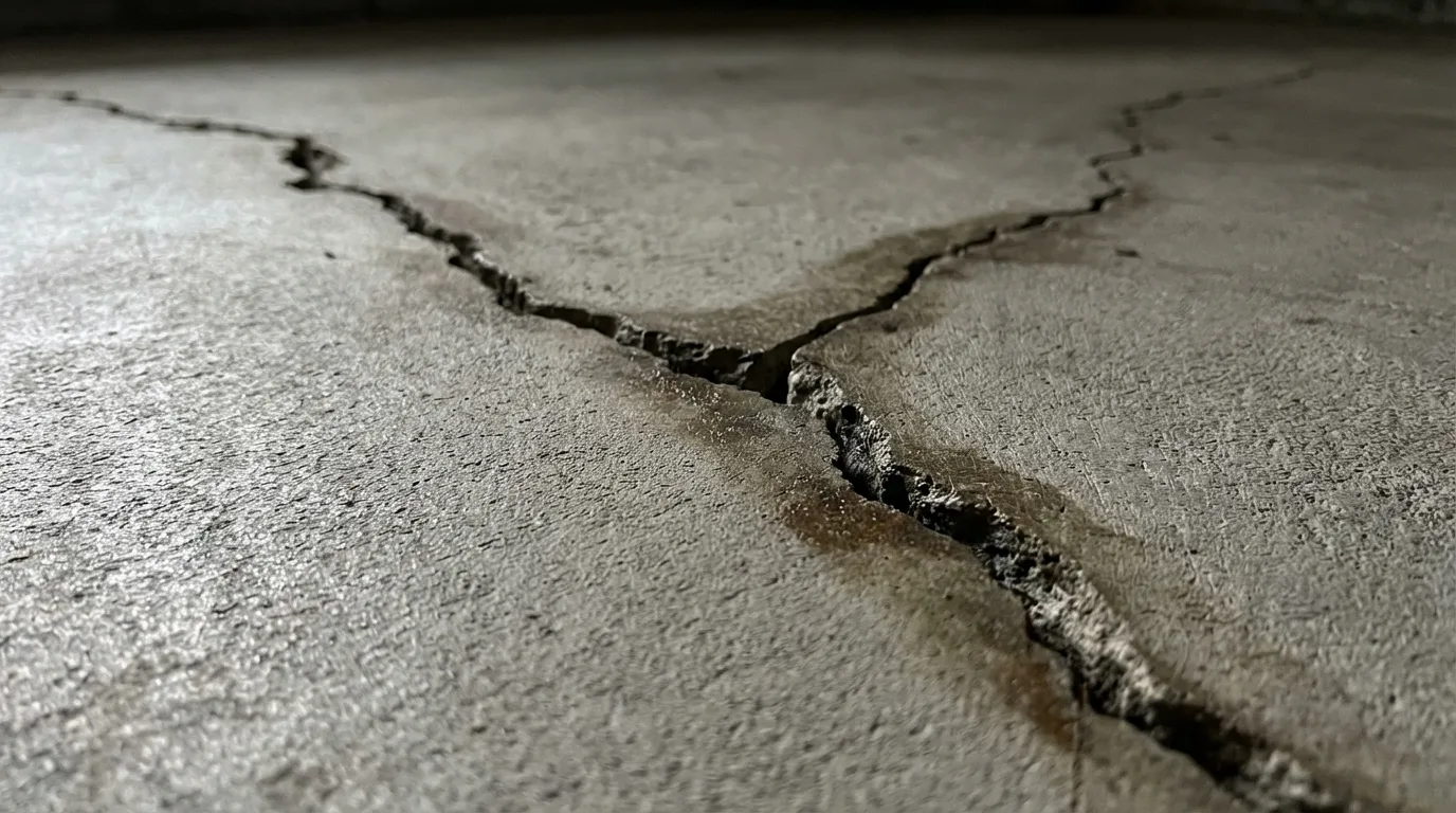 Close-up of a crack running across a grey concrete basement floor