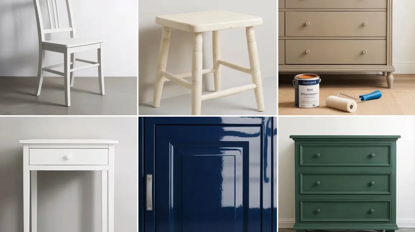 Collage of six furniture pieces each painted in a different type of furniture paint