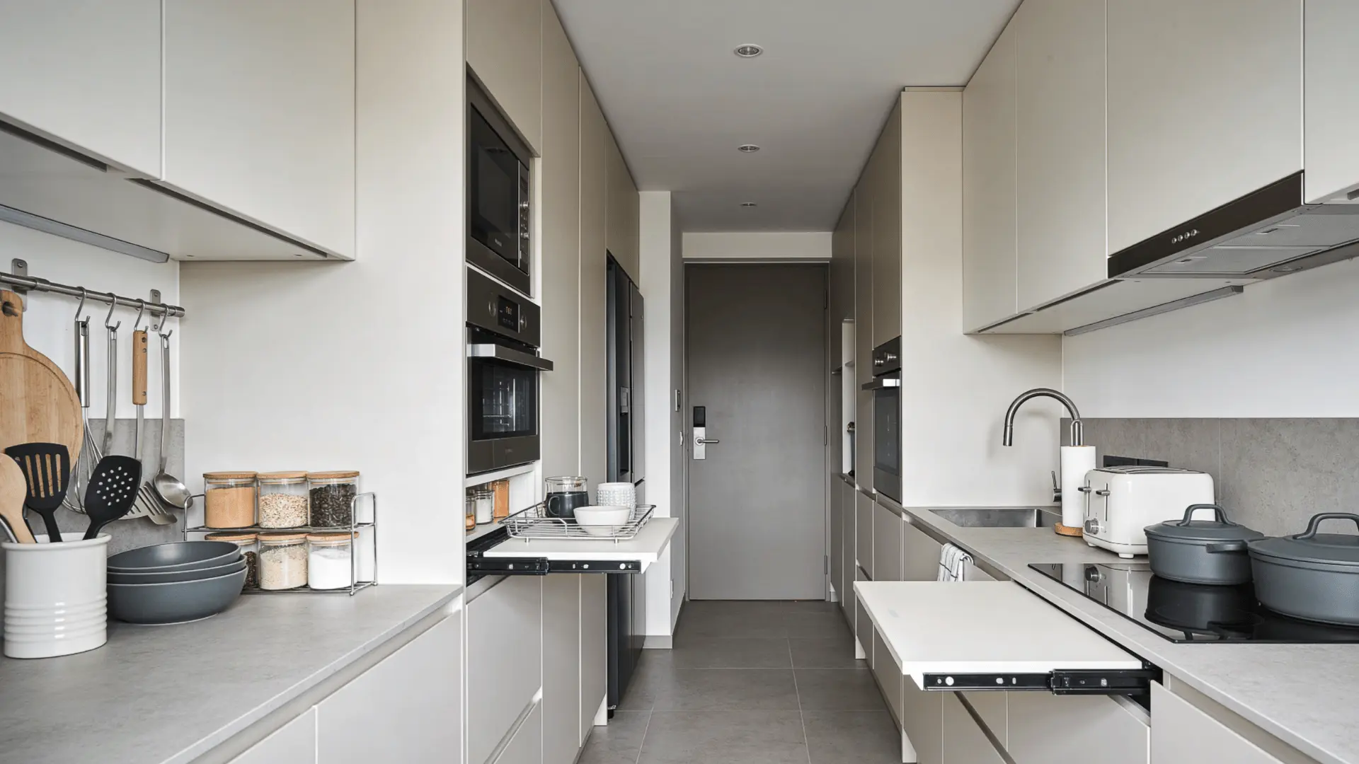 Compact kitchen with tall units, built-in appliances, parallel layout, and foldable counter in a small space