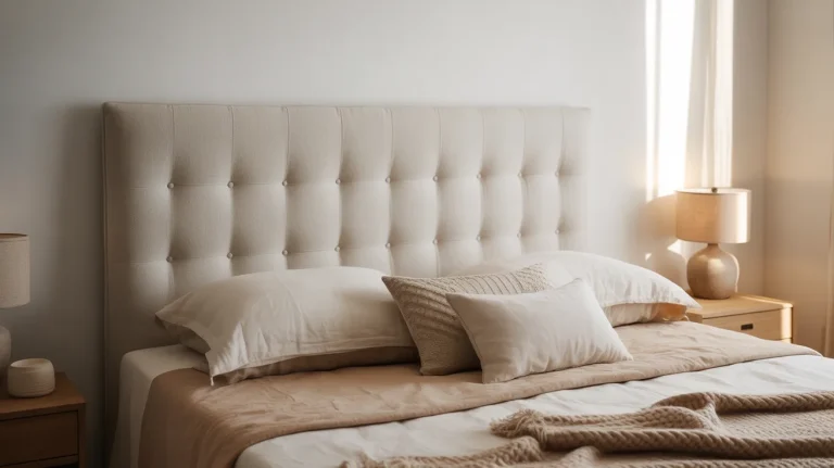 Completed DIY upholstered headboard in neutral linen fabric with button tufting above a neatly styled bed in a cosy minimal bedroom
